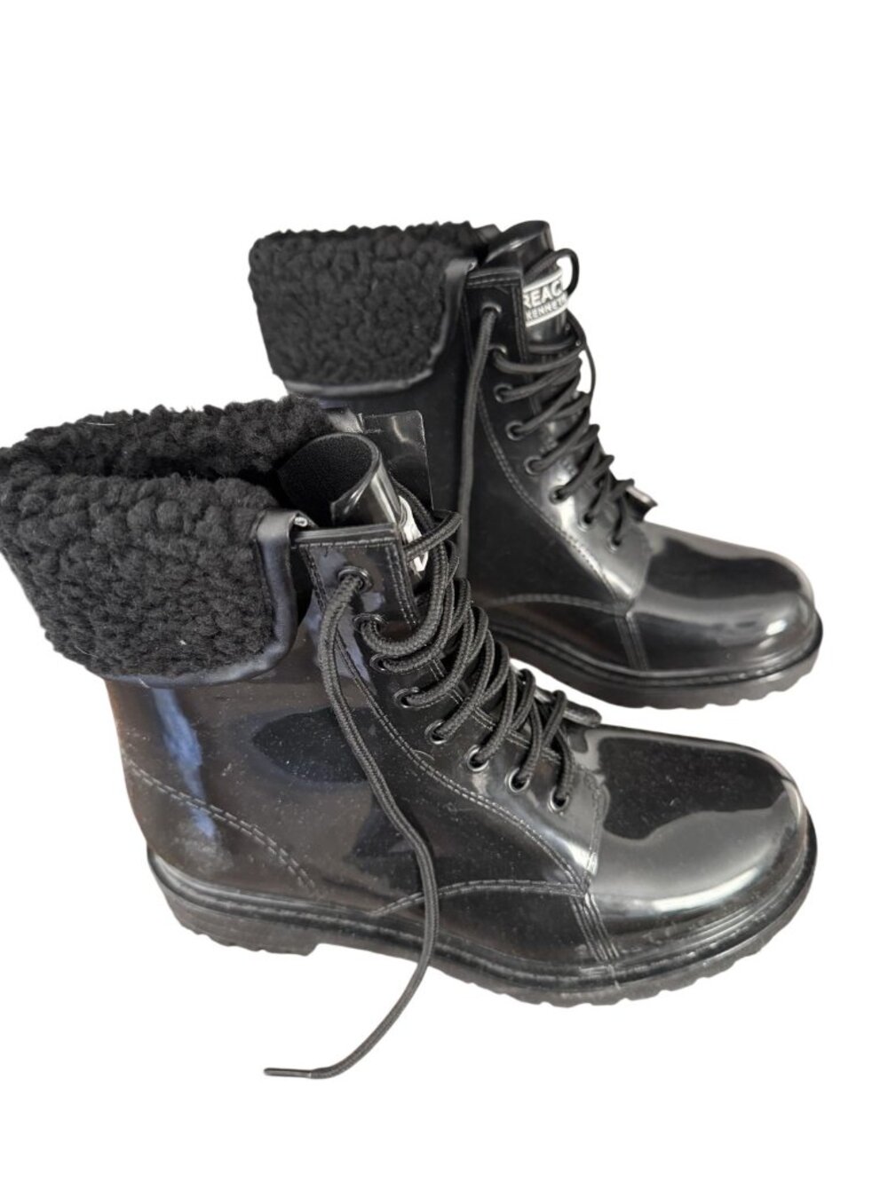 Reaction Size 8 Black Patent Leather Combat Boots Faux Fur Lined